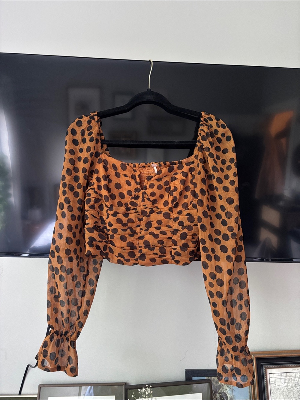 Free People Rust Brown Polka Dot Ruched Long-Sleeve Crop Top